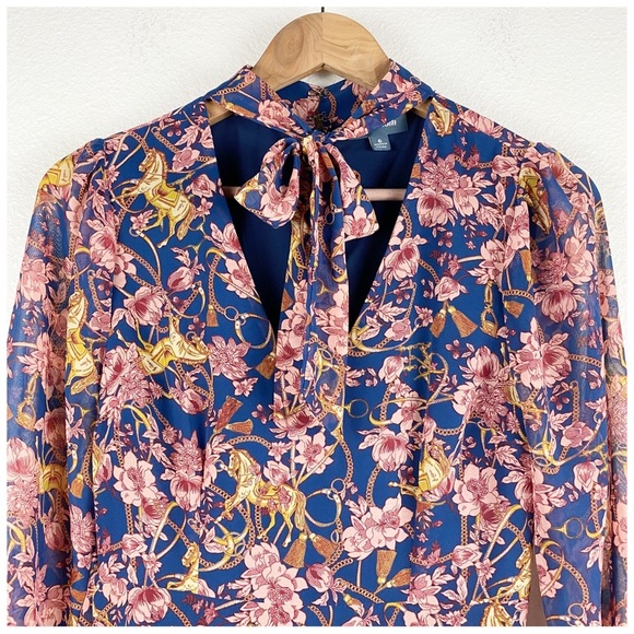 Floral Print Dress‎ Tie Neck Long Sleeve Fit Flare Party Cocktail - Picture 5 of 11